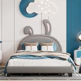 Full Size Upholstered Leather Platform Bed with Rabbit Ornament - Charming Design for Kids