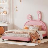 Full Size Upholstered Leather Platform Bed with Rabbit Ornament - Cute Design for Kids & Teens