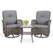 VIVIJASON 3-Piece Outdoor Conversation Bistro Set Patio Swivel Glider Rocking Chairs Rattan Furniture Sets w/ 2 Rattan Chairs Glass Top Side Table for Porch Backyard Gray Wicker & Gray Cushions