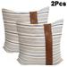 Set of 2 Farmhouse Decor Stripe Patchwork Linen Throw Pillow Covers Modern Tan Faux Leather Accent Pillow Covers 18x18 inch