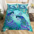 Peacock Comforter Cover Bohemian Duvet Cover Set Exotic Birds Animals Bedding Set Navy Blue Feather Teal Floral Fresh Natural Bedspread Cover With 2 Pillow Case Bedroom Decor Super King Pastel
