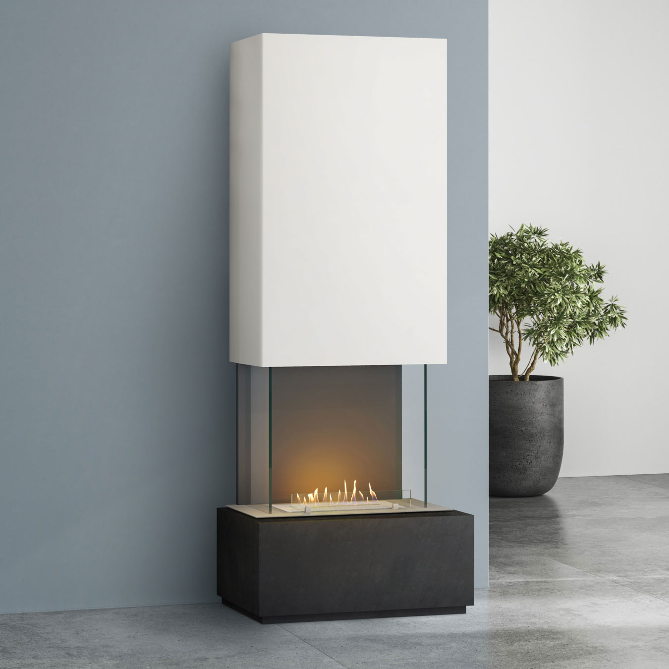 muenkel design Prato [moderner Design Ethanolkamin]: Nero (Schiefer schwarz) - safety burner 450 - weiß