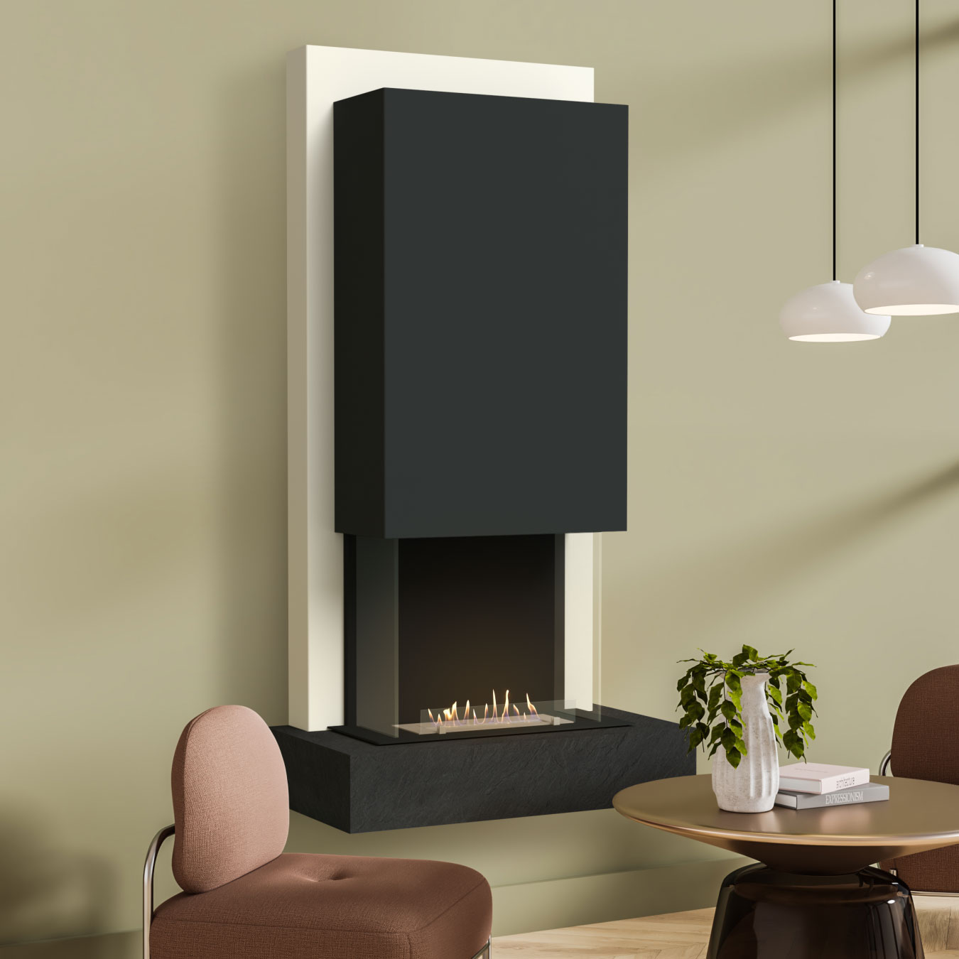 muenkel design Arco [moderner Design Ethanolkamin]: Nero (Schiefer schwarz) - safety burner 450 - schwarz-grau