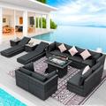 NICESOULÂ® Extra Large 13 Piece Rattan Outdoor Modular Sectional Lounge Chair with Fire Pit 10 Person Grey Wicker Set with Gas/Propane Fire Pit Table Conversational Patio Seating for Porch Pool