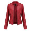 Zpanxa Winter Jackets for Women Slim Leather Jackets Stand-Up Collar Zipper Motorcycle Biker Coat Stitching Solid Color Coat Outwear Red M