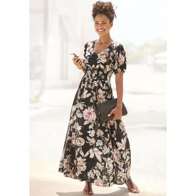 Maxikleid LASCANA, Damen, Gr. 46, N-Gr, schwarz (schwarz bedruckt), Web, Obermaterial: 100% Viskose, bedruckt, geblümt, modisch, figurumspielend bodenlang, V-Ausschnitt, Kurzarm, Kleider, mit Blumendruck und leichten Puffärmeln, Sommerkleid,... Image