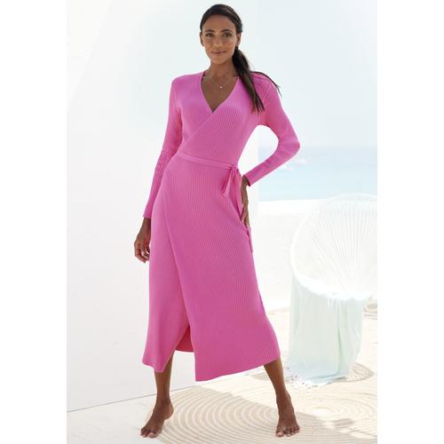 Strickkleid LASCANA Gr. 32/34, N-Gr, pink Damen Kleider Loungekleid zum wickeln mit Taillengürtel, Loungewear