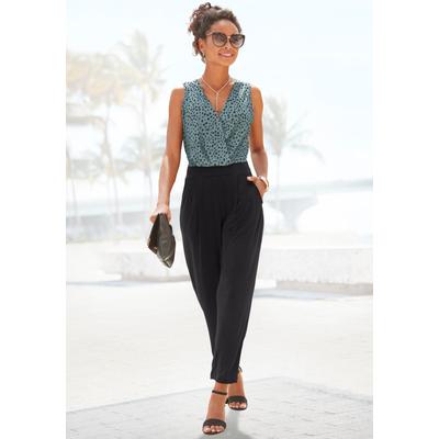 Overall LASCANA, Damen, Gr. 36, N-Gr, grün (grün, schwarz), Cru00eape, Obermaterial: 95% Polyester, 5% Elasthan, bedruckt, modisch, figurumspielend 7/8-Länge, V-Ausschnitt, ohne Ärmel, Overalls, mit überlappendem Oberteil, eleganter Jumpsuit,... Image