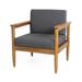 Ebern Designs Abymes Patio Chair w/ Cushions Wood in Brown/Gray/White | 25.5 H x 29 W x 27 D in | Wayfair E2BFA03D7EF84DEF9A4E350C5397A578