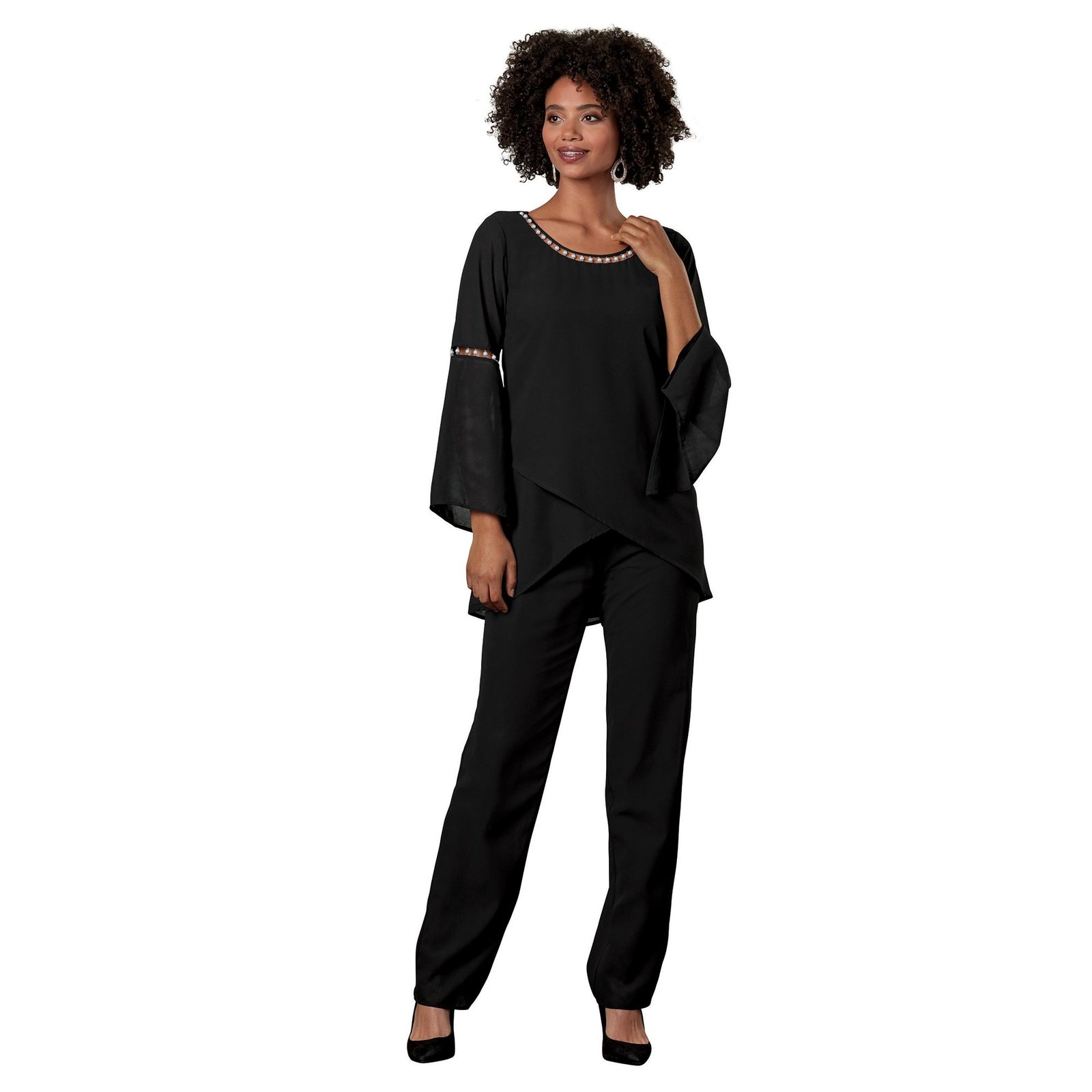 Masseys Pearl Embellished Sleeve Pant Set (Size M) Black, Polyester