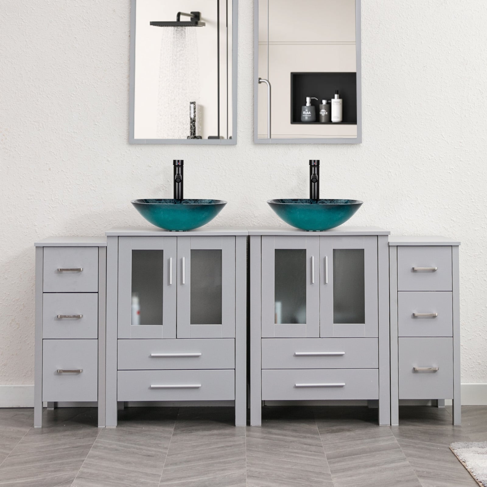 72" Bathroom Vanity Set Glass Ceramic Vessel Sink Side Cabinet Combo