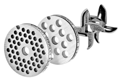 WOLFCUT Fleischwolfscheibensatz 4 mm + 8 mm Bohrung und ein Sichelmesser kompatibel mit allen gängigen Fleischwolf Marken Größe 5 Image