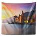 East Urban Home Seashore Old Mediterranean Town at Sunrise Tapestry Polyester in Black/Gray/Pink | 68 H x 80 W in | Wayfair