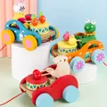 Cartoon Bear Rabbit Drag Car Cute Wooden Animal Shapes Pull Rope Toy Learning Walk Toys Car For