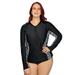 PERONA Womens Plus Size Rash Guard UPF 50+ Long Sleeve Swim Shirt Top Half Front Zipper Swim Top Black