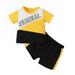 Kucnuzki 6 Months Baby Boy Summer Outfits Shorts Sets 9 Months Short Sleeve ORIGINAL Prints Color-Blocked T-Shirt Tops WalkShorts 2PCS Set Yellow