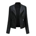 Women Faux Leather Jacket Plus Size Long Sleeve Lapel Zip Up Moto Biker Short Coat with Pockets