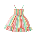 Mikrdoo Toddler Baby Girls Dress Summer 4 Years Baby Girls Straps Smocking 5 Years Kid Girls Colorful Stripe Puffy Dress One Piece Casual Dress