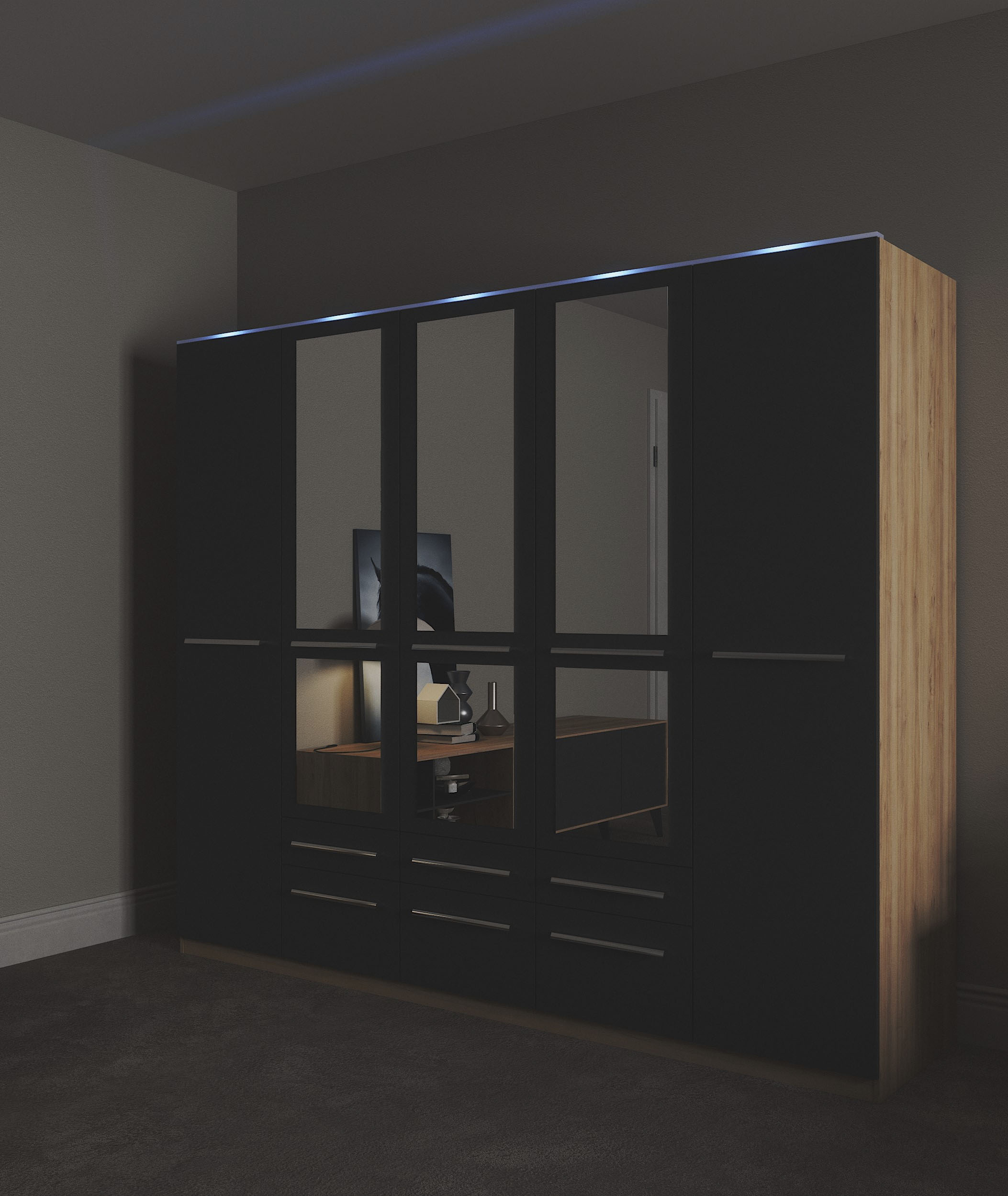 Kleiderschrank PRIESS "Schrank Garderobe Wäscheschrank Barcelona in 5 Breiten", braun (eichefarben artisan, schwarz), B:230cm H:193cm T:54cm, Holzwerkstoff, Schränke, Kleiderschrank, viel Stauraum, geräumige Schubkästen, mit Spiegel, MADE IN GERMANY