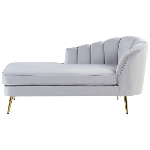 Chaiselongue Hellgrau Samt Rechtsseitig mit Goldenen Metallbeinen Lehne Muschelform Glamourös Modern Muschelsofa Wohnzimmer Flur Ausstattung