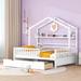 Twin/Full Size House Bed with 2 Storage Drawers, Wooden Kids Bed Frame with Storage Shelf, Montessori Bed with Roof Design
