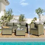 PUDO 6 Piece Small Patio Furniture Conversation Rattan Wicker Outdoor Lawn Furniture Covers Set Couch with Storage Box Removable Grey Cushions Seating Sets and Glass Table