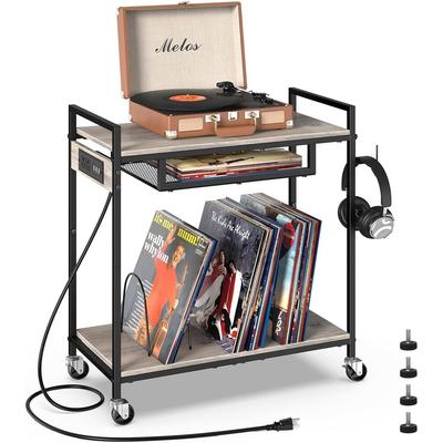 2 Tier Vinyl Record Player Table Stand with Charging Station