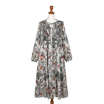 'Long-Sleeved Embroidered Cotton Shirtdress with Floral Print'