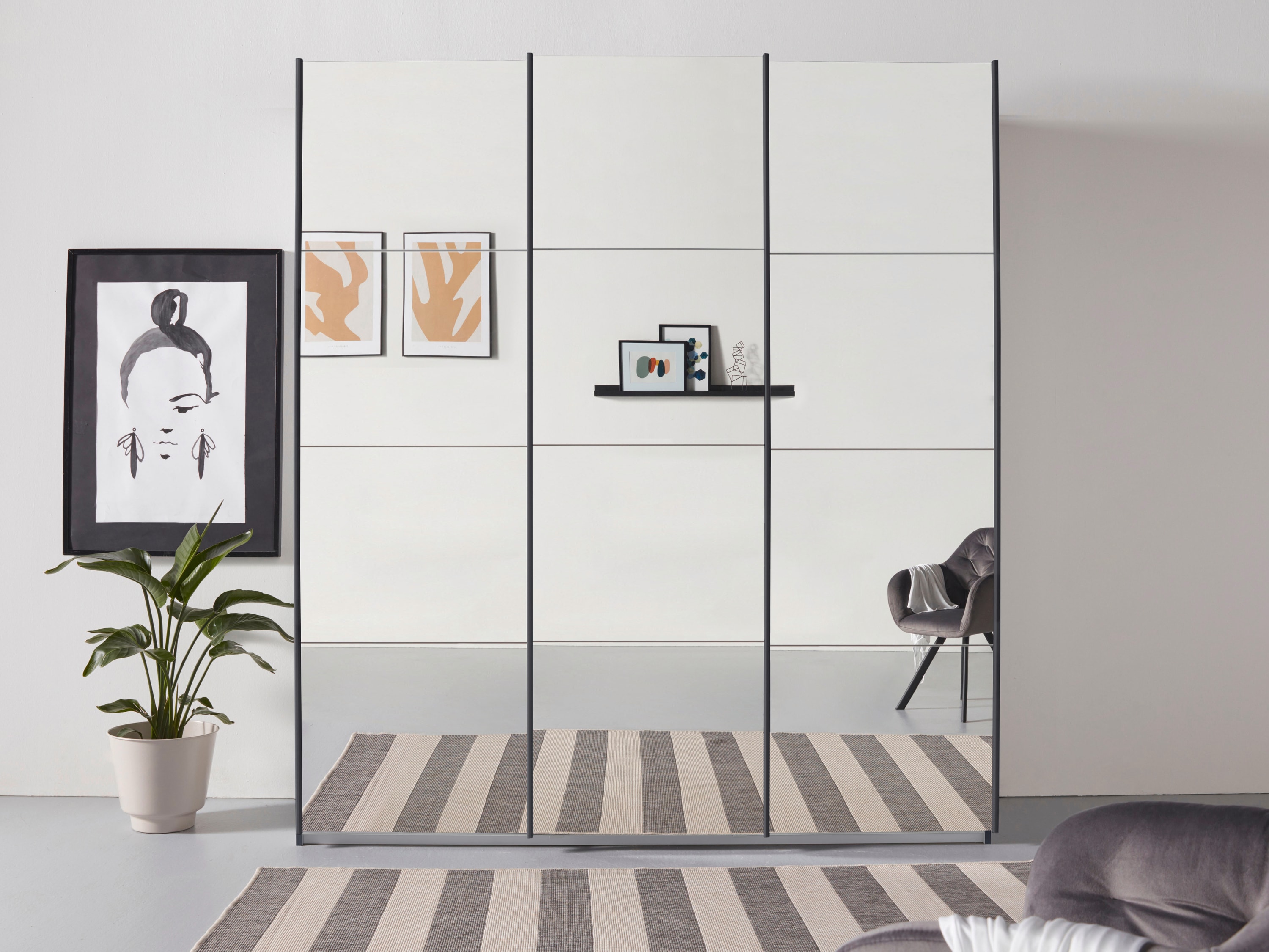 Schwebetürenschrank RAUCH "Kleiderschrank Schrank Garderobe Wäscheschrank Ankleide OTELI", grau (graumetallic), B:203cm H:229cm T:62cm, Holzwerkstoff, Schränke, mit Spiegelfront, inkl. Wäscheeinteilung mit 3 Innenschubladen Image