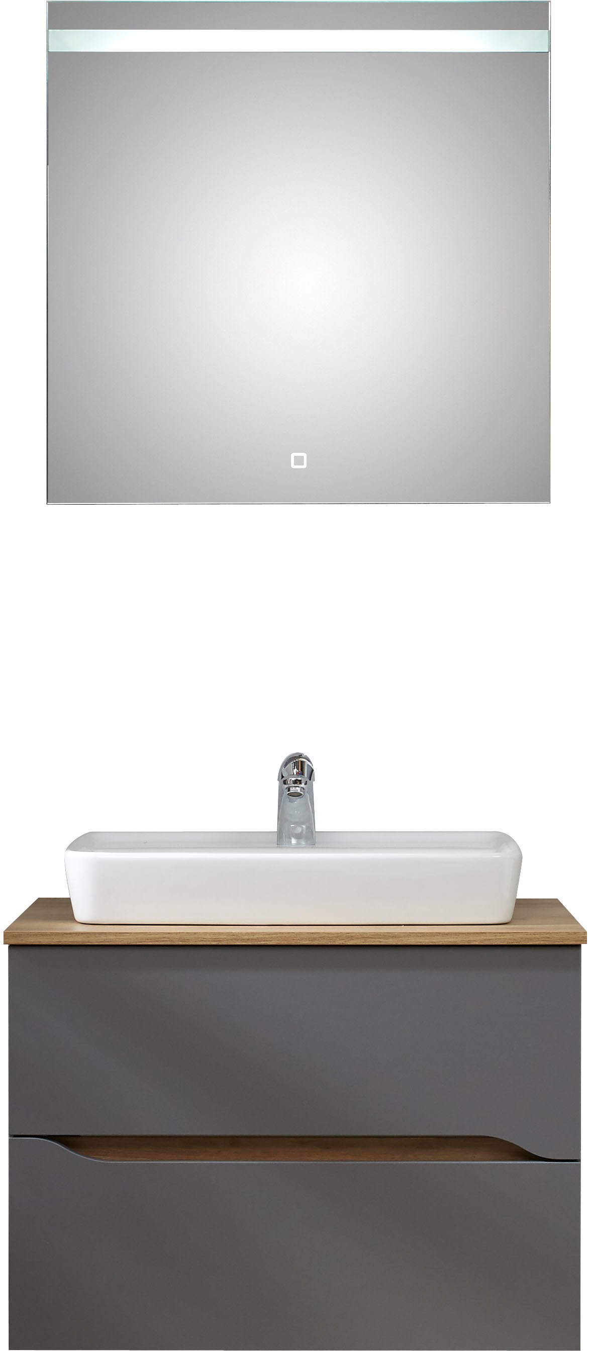 Badmöbel-Set SAPHIR "Quickset 2-teilig, Keramik-Aufsatzbecken mit LED-Spiegel", grau (quarzgrau matt touch, quarzgrau matt, akzent riviera eiche quer nb), Kastenmöbel-Sets, Waschplatz 73 cm breit, inkl. Türdämpfer, 2 Schubladen