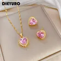 DIEYURO 316L acier inoxydable rose coeur cristal pendentif collier boucles d'oreilles pour femmes