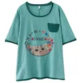 T-shirt à col rond avec broderie de chat de dessin animé pour femme haut d'été patch de noix noir