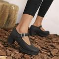 Fzm Dance Shoes For Women Ladies Fashion Solid Color Leather T Shaped Buckle Round Toe Thick High Heeled Single Shoes Black US Size 8