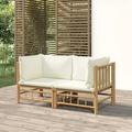 Walmeck Patio Corner Sofas with Cream White Cushions 2 pcs Bamboo