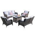 Ovios 5 Pieces Outdoor Patio Furniture with Rectangle Fire Pit Table Wicker Patio Sectional Sofa with Loveseat for Backyard