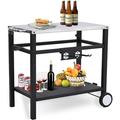 Bar Cart Outdoor Grill Cart Pizza Oven Stand BBQ Prep Table with Wheels & Hooks Side Handle Double-Shelf Grilling Cart Tabletop Griddle Cooking Station for Bar Patio Kitchen (Sliver)