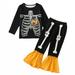 0-3T Infant Baby Girl Halloween Outfits Skeleton Top Flare Pants 2Pcs Fall Winter Sets