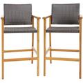 Costway Set of 2 PE Wicker Patio Bar Chairs with Acacia Wood Armrests-Set of 2