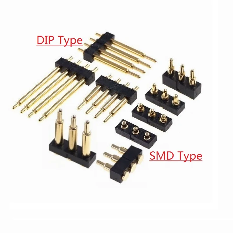 2 Stück männlicher federbelasteter Pogo-Pin-Stecker, einreihig, 2,54 mm Rastermaß, 2, 3, 4, 5, 6, 7, 8, 10 Positionen, TH DIP SMD-Pad Image