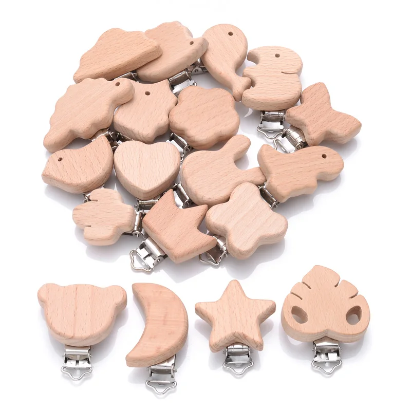 Attache-sucette en bois de hêtre, 5 pièces, Animal naturel, Clip factice, bricolage, chaîne de sucette pour bébé, anneau de dentition, jouets, accessoires sans BPA