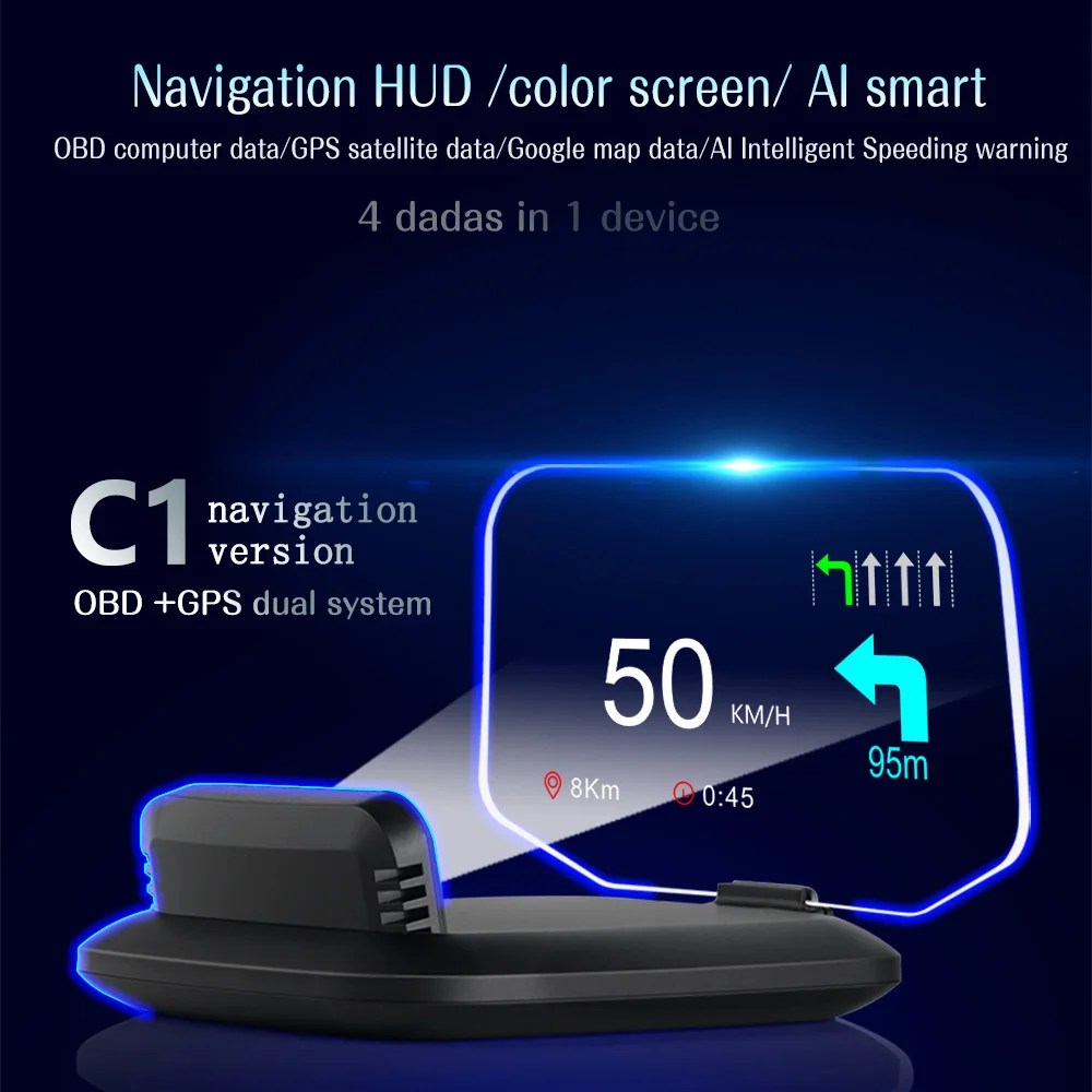HD C1 OBD2 HUD Auto Head Up Display GPS Navigation Projektor Digitale Geschwindigkeit Gauge KMH MPH Übergeschwindigkeit RPM Alarm Plug & Play