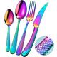 Xideman® 24-Piece ​Modern Rainbow Hammered Cutlery Set with Ultra Sharp 2-in-1 Serrated Knive, 18/10 Stainless Steel Silverware Set, Colorful Flatware Set for 6 People, Knives Forks Spoons Set