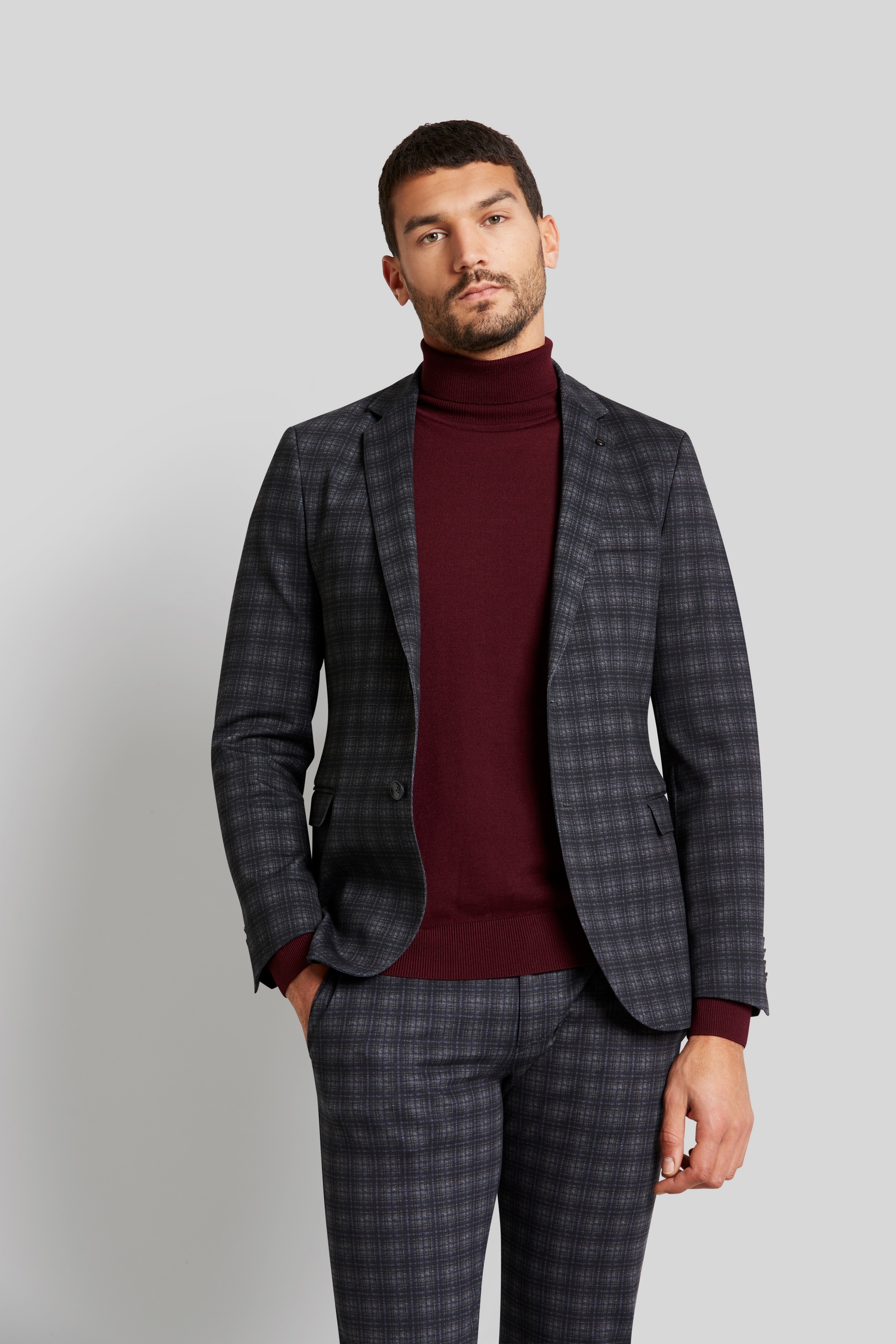 Sakko BUGATTI, Herren, Gr. 54, grau (dunkelgrau), 84% Polyester, 12% Viskose, 4% Elasthan, kariert, slim fit, Manschette, Sakkos, mit high-Stretch Funktion Image