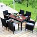 7-Piece Outdoor Patio PE Rattan Wicker Dining Set,Acacia Wood Tabletop and Stackable Armrest Chairs
