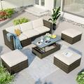 5-Piece Patio Furniture Sets All Weather 3-Seater Rattan Wicker Sofa with Adustable Backrest Cushions 3 Ottomans and 1 Lift Top Coffee Table for Patio Garden Porch Backyard Poolside Beige