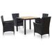 Anself 5 Piece Outdoor Dining Set Acacia Wood Top 35.4 Inch Length Table and 4 Garden Chairs with Cushion Black Poly Rattan Steel for Garden Lawn Courtyard