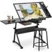 Inbox Zero Kittler Drafting Table Tempered Glass Art Craft Drawing Work Station w/Stool Metal in Black/Gray | 28 H x 47.5 W x 24 D in | Wayfair