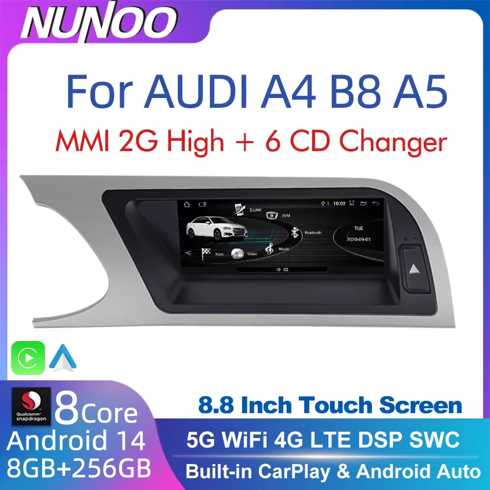 Android 14 8 + 256 GB CarPlay Für Audi A4 B8 A5 2008 2009 2010 MMI 2G Hohe CD Wechsler Auto Multimedia Player Stereo GPS Navi Bildschirm Image