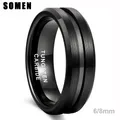 Somen-Bague noire en carbure de tungstène pour homme alliance brossée à rainure de 6mm et 8mm