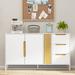 White Buffet Cabinet with Oak-Colored Handles and Versatile Storage